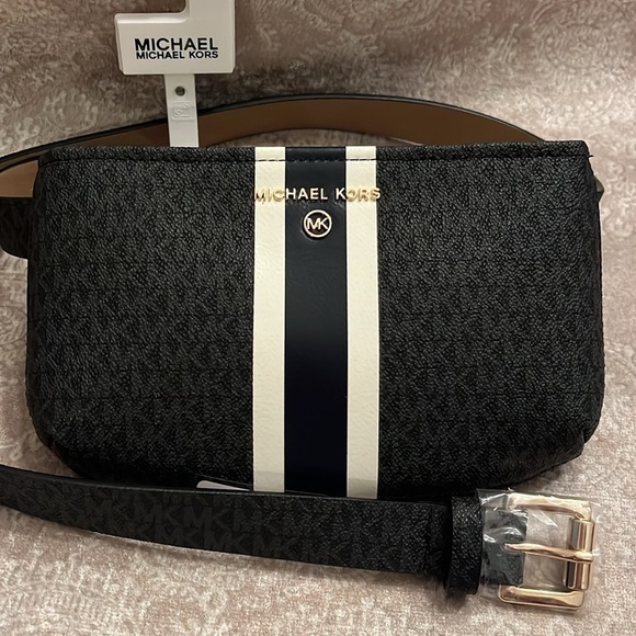 Brand New Michael Kors Center Stripe Belt Bag Zippered Fanny Pack Black & Blue - Picture 1 of 15